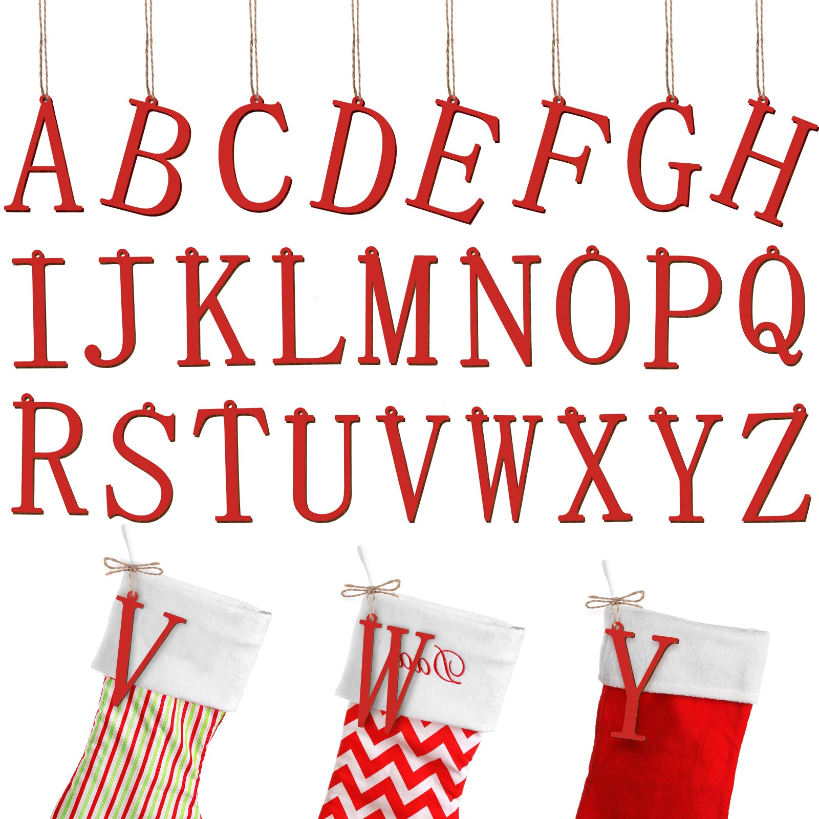 Photo 1 of 26 Pieces Christmas Stocking Tags Letter Cutout Initial Ornaments Personalized Farmhouse Hanging Name Tags for Christmas Rustic Decor(Red,Wood)
