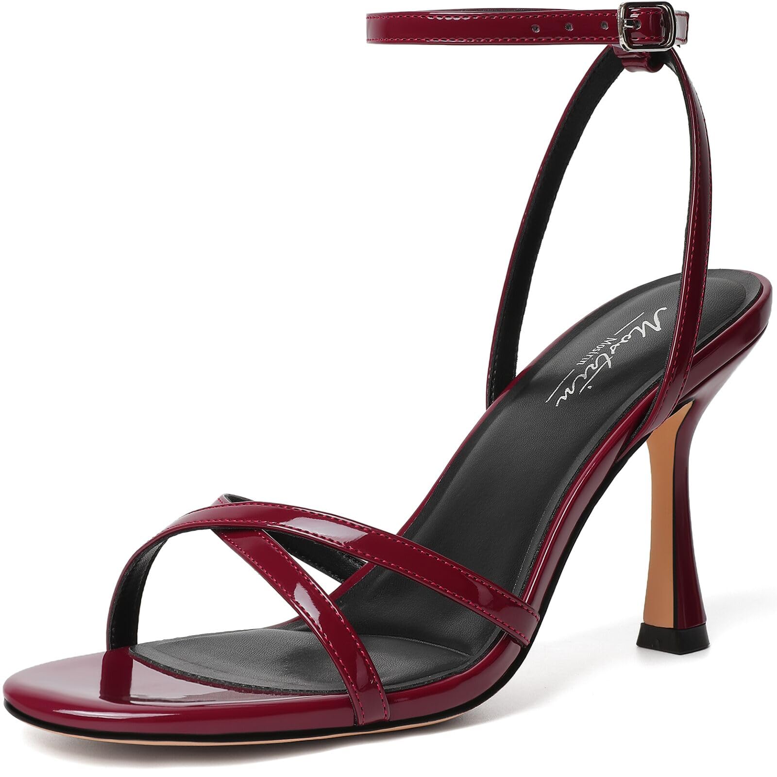 Photo 1 of Mostrin Burgundy Strappy Heels for Women Dark Red Lace Up Ankle Strap Heels Round Open Toe Stiletto High Heeled Sandals for Prom, Party, Daily Wedding Bridal Shoes Size 7