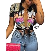 Deeryi Sexy Graphic Tees for Women Tie Up Front Deep V Neck Top Short Sleeve Print Tassel Shirts