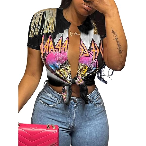 Fuiuwhs Graphic Tees for Women Tassel Shirt Open Front Crop