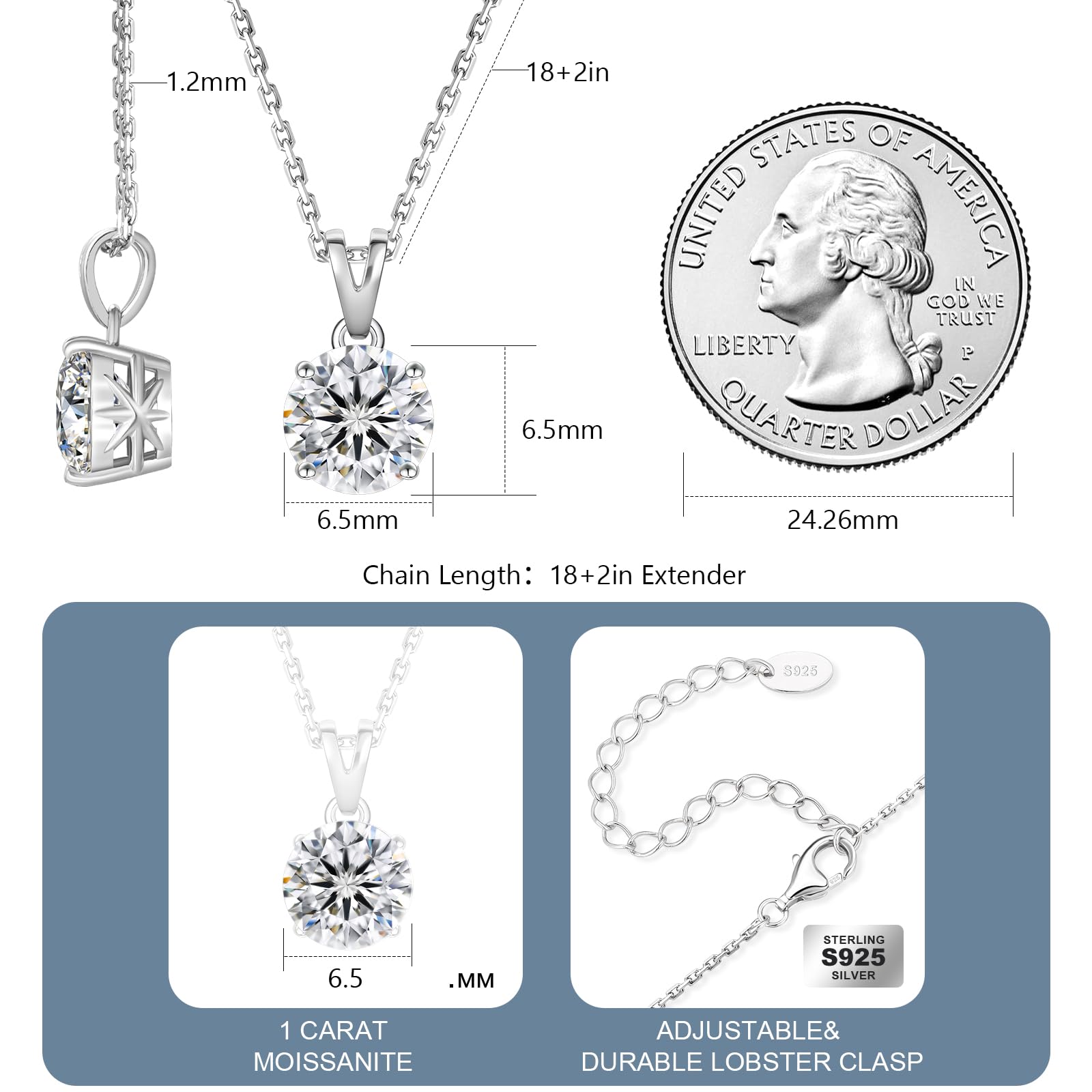 KRKC&CO Moissanite Solitaire Necklace for Women, 1.0ct, 6.5mm, White Gold in Sterling Silver, 4-Prong, Jewelry with GRA Certificate, Gift for Mom, Wife on Birthday Anniversary, Wedding