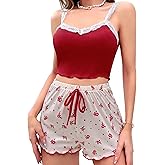 Girece Sexy Pajama Set for Women 2 Piece lounge Set Floral Cami and Shorts Lingerie Set Cute Pjs Lace Trim Sleepwear