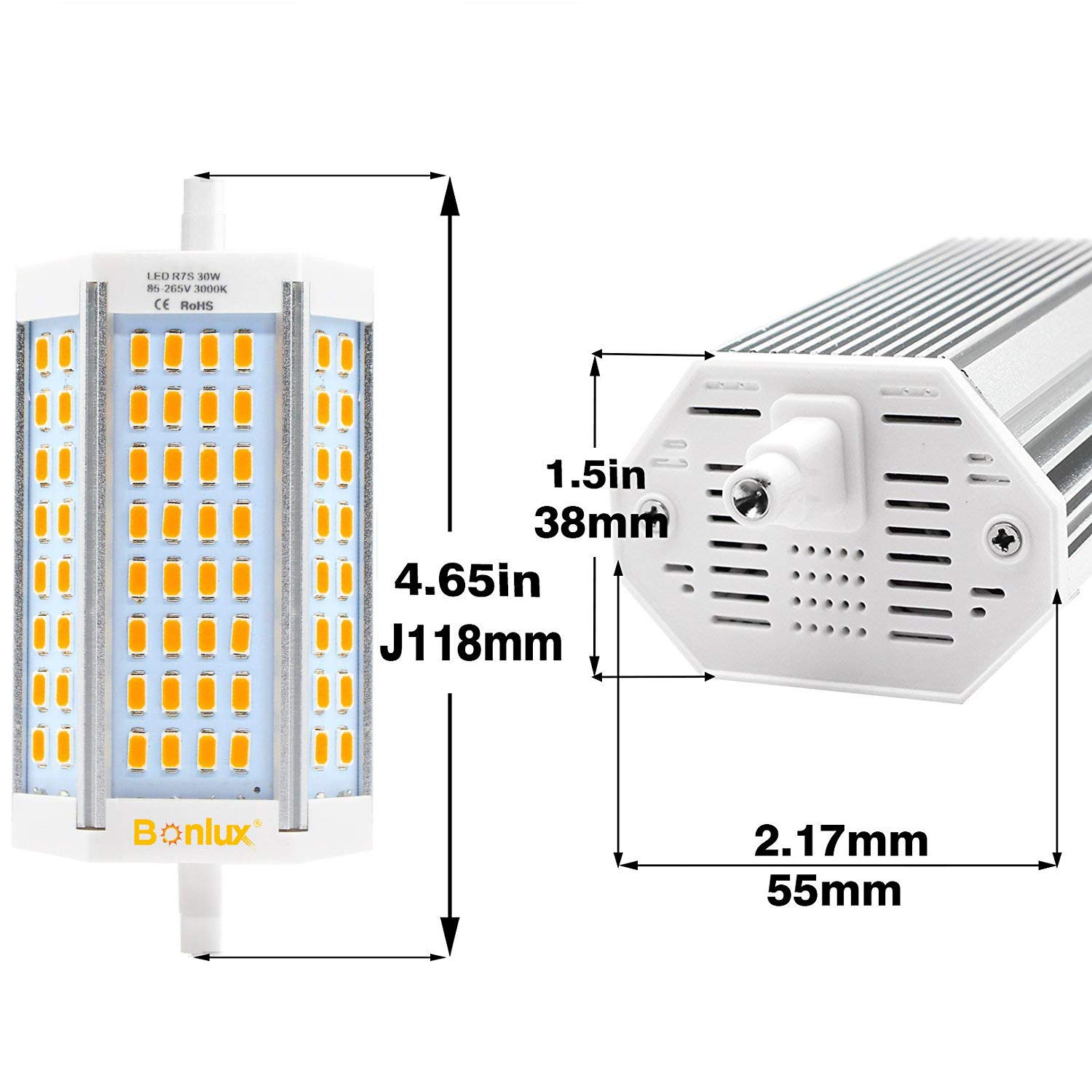 Bonlux 30W Bombilla LED R7S Regulable 118MM con 3000 Lumenes, Blanco Cálido 3000K, Reemplazo de 200-300W Hálogena Bombilla