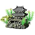 Classical Temple Aquarium Decorations Asian Castle Thematic Safe Resin Ornaments with Plastic Plants Small Fish House Hideout Decor Hiding Places for Freshwater and Saltwater Fish Tank Accessories