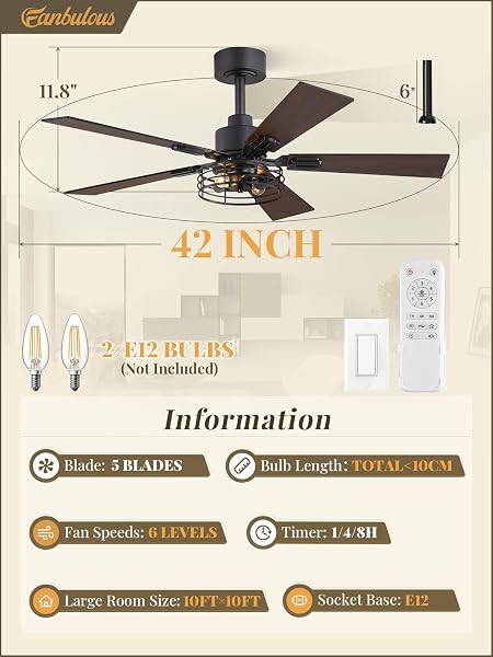 FANBULOUS 2 PACK FARMHOUSE 42 INCH CEILING FANS WITH LIGHTS, BLACK INDUSTRIAL CAGED CEILING FANS FOR BEDROOM LIVING ROOM, DOUBLE-SIDED 5 BLADES RUSTIC CEILING FAN