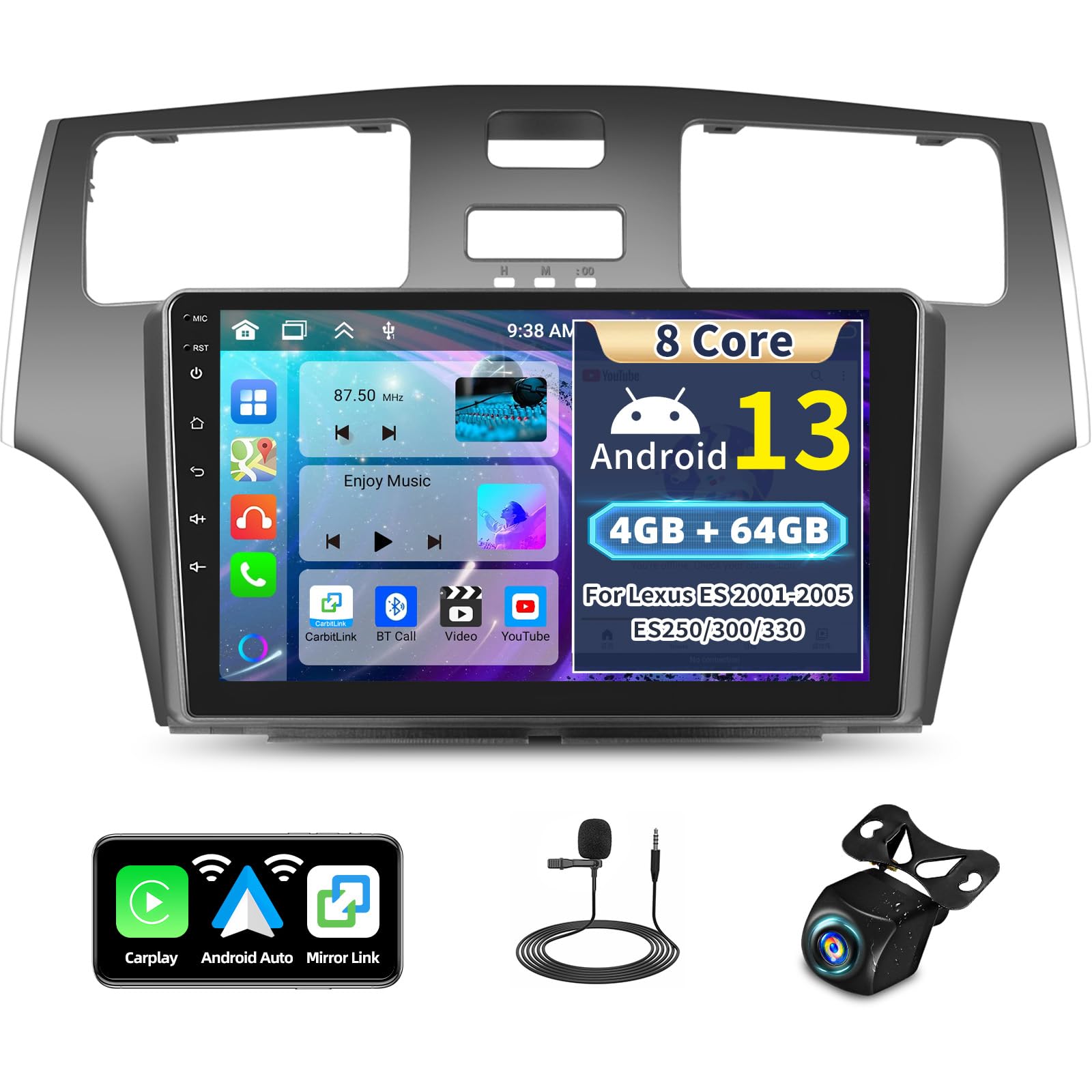 Photo 1 of [8 Core 4G+64G] Android 13 Car Stereo Radio for Lexus ES 2001-2005 ES250/300/330 Carplay Android Auto, 9 Inch IPS 1280 * 720 Touchscreen, Bluetooth 5.0 GPS MirrorLink, WiFi,59UI,DSP SWC AHD Camera