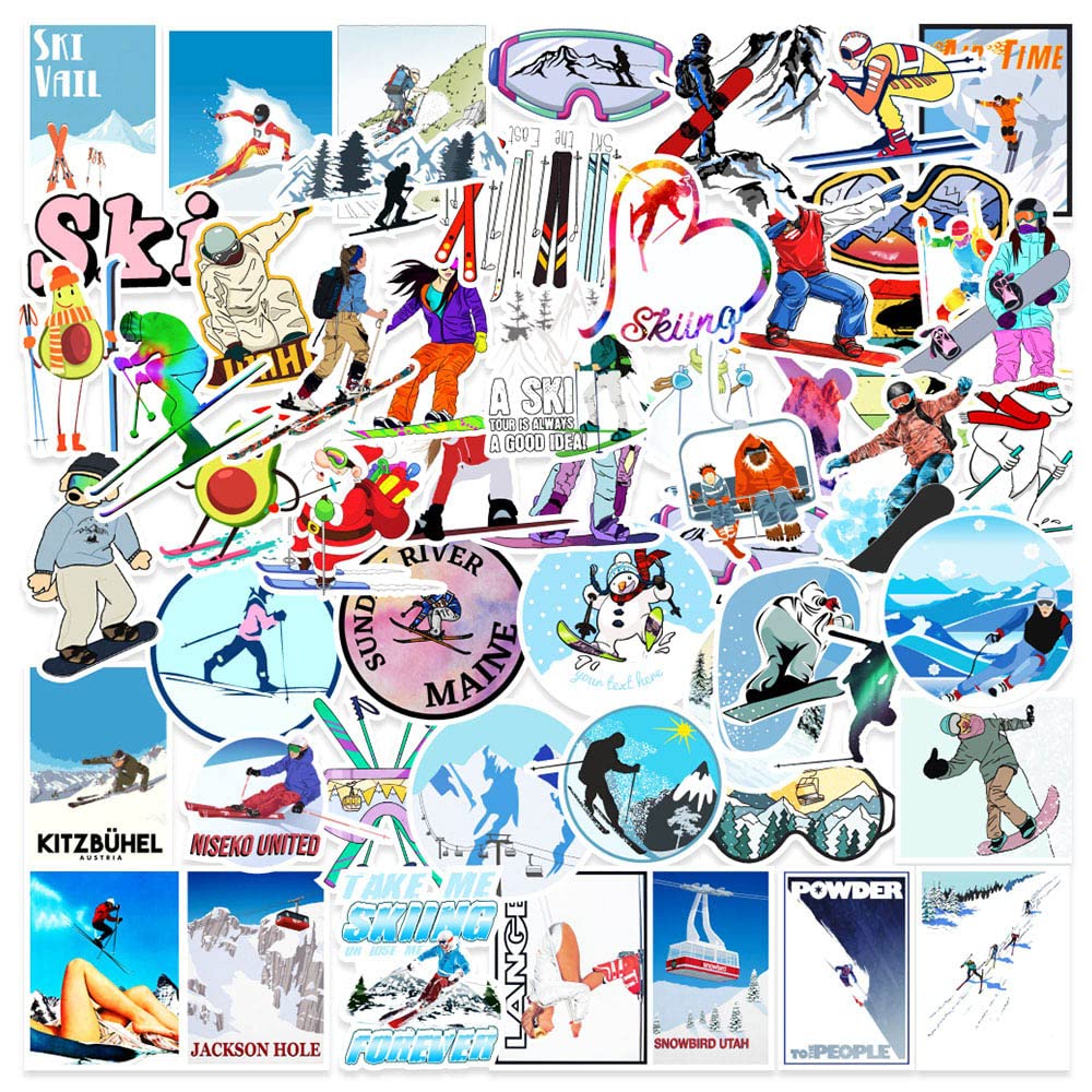 Barisc Vinyl Stickers of Skiing, 50-Pack Durable Sport Decals of Skier for Skateboard Snowboard Laptop Water Bottle Computer Guitar Bicycle Car Bumper, Graffiti Stickers for Kids Teens Boys Girls
