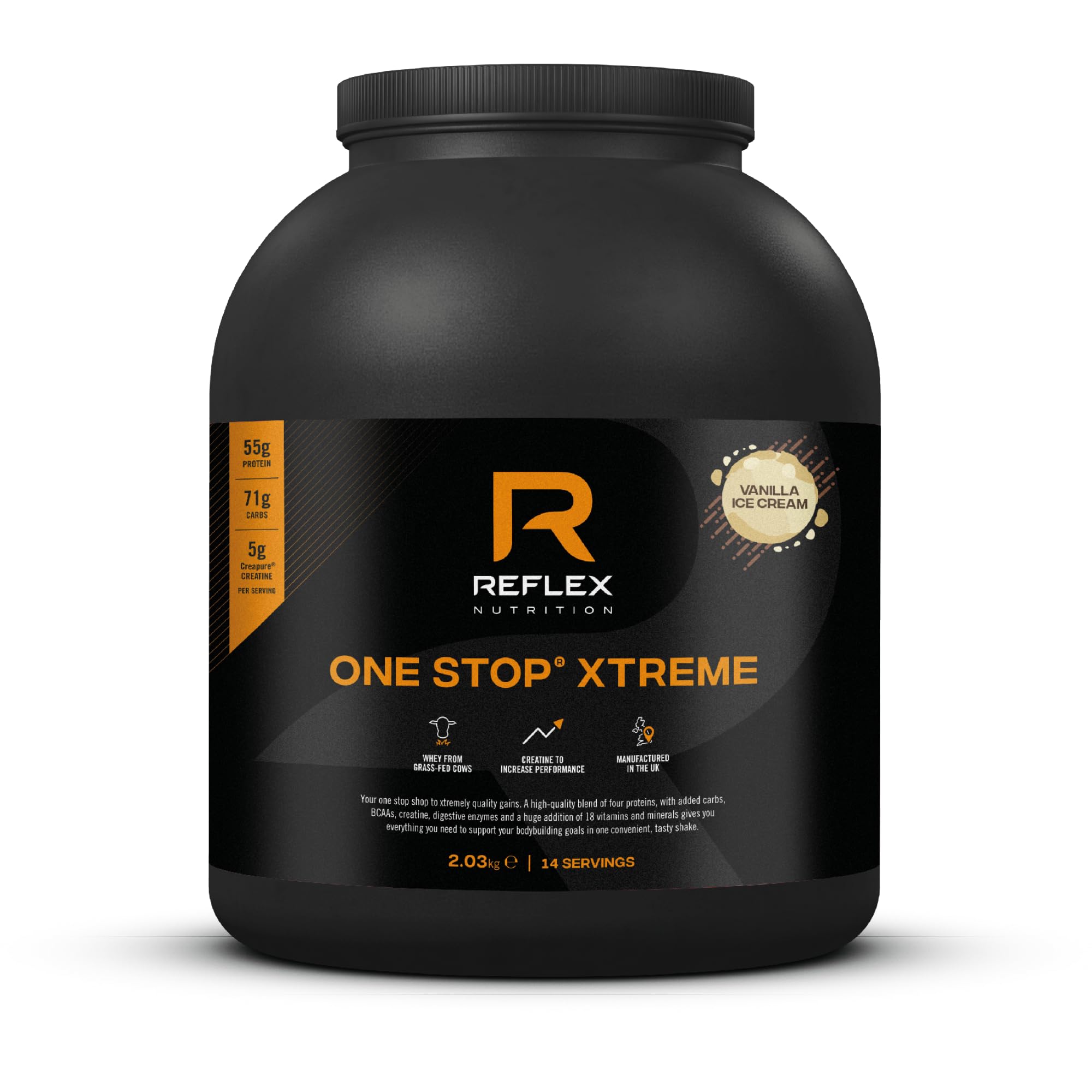 Reflex Nutrition One Stop® Xtreme - Serious Mass Gainer - All in One Protein Powder - 55g Protein, 10.3g BCAAs, 5,000mg Creatine - Muscle Building Protein Shake (Vanilla Ice Cream, 2.03kg)