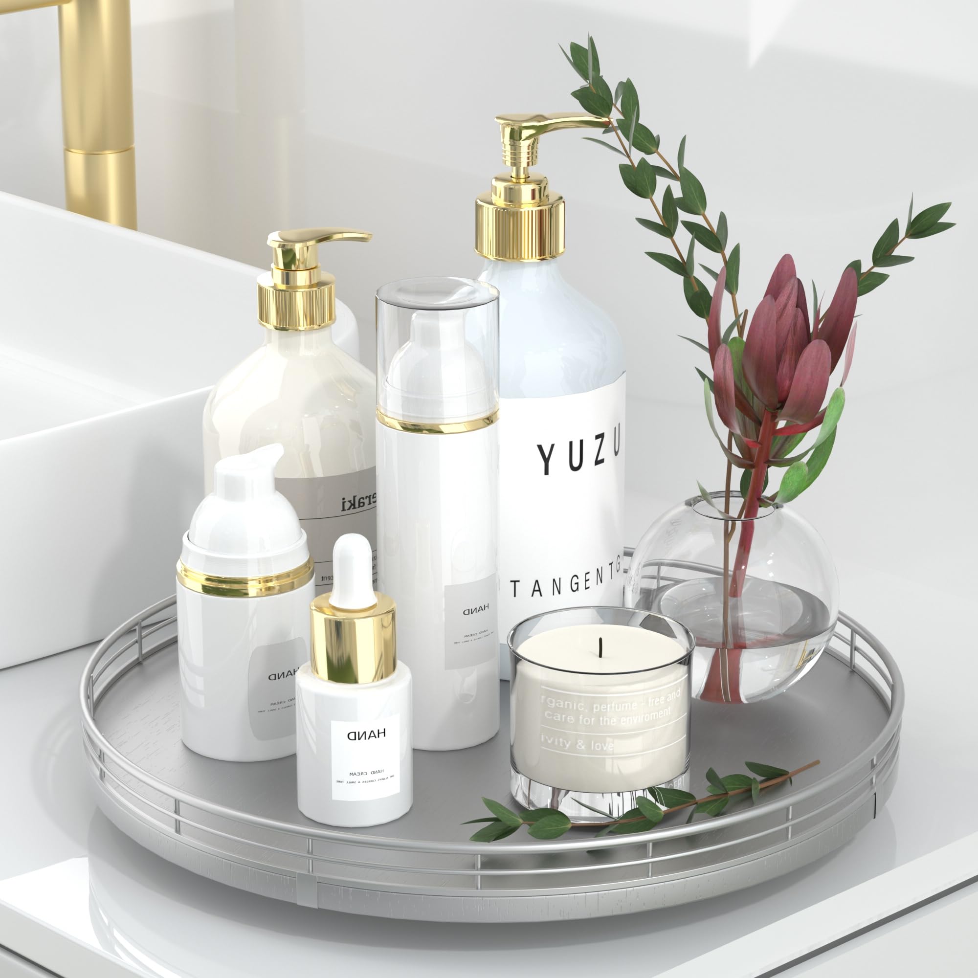 Photo 1 of 12" Silver Lazy Susan for Table Top, Oak Wood Lazy Susan Turntable Organizer for Dining Coffee Table Centerpiece Bar Decor Kitchen Countertop Bathroom Vanity Decorative Tray for Perfume Jewelry Round