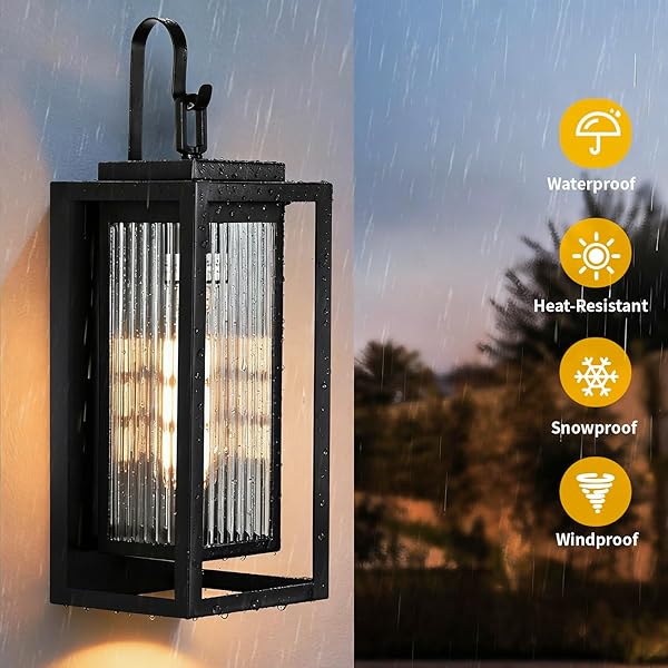 HAMESO OUTDOOR WALL LIGHTS FOR HOUSE EXTERIOR, 18 INCH LARGE BLACK MODERN LANTERN WITH DUAL METAL FRAME & TEXTURED GLASS, IP65 WATERPROOF (BULBS INCLUDED)