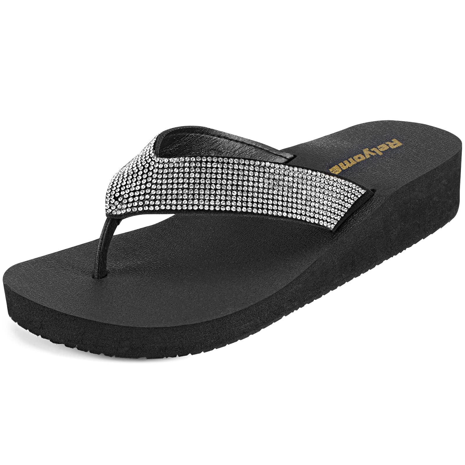 Photo 1 of RelyOme Womens Rhinestones Flip Flops Arch Support Mid Platform Bling Comfortable Flip-flops Jewel Dressy Thong Sandals,T-Strap Black US 8