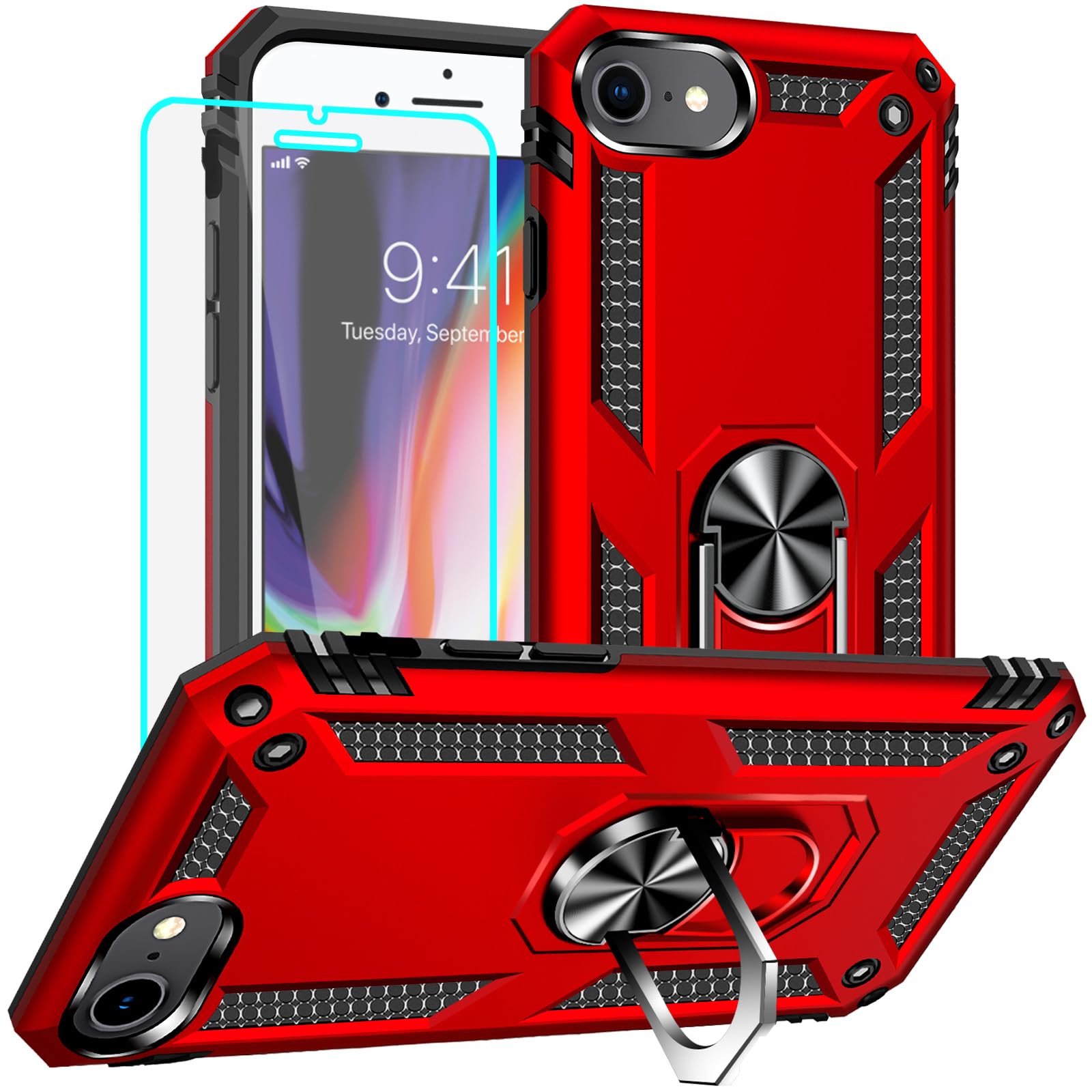 Yiakeng for iPhone 8 Case, iPhone 7 Case With Screen Protector, Silicone Shockproof Military Grade Protective Phone Cover for iPhone SE 2020 (Red) โ image 1