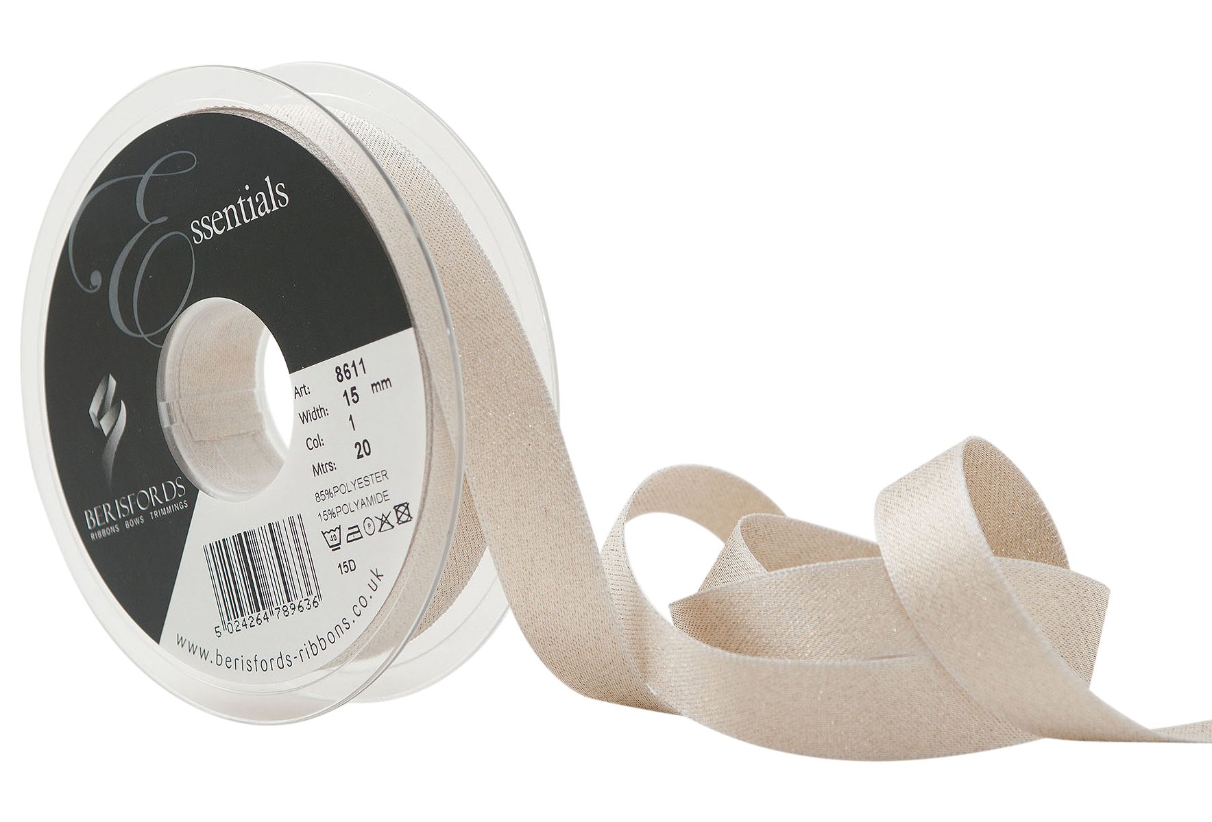 Berisfords Glitter Satin Ribbon, White, 15 mm