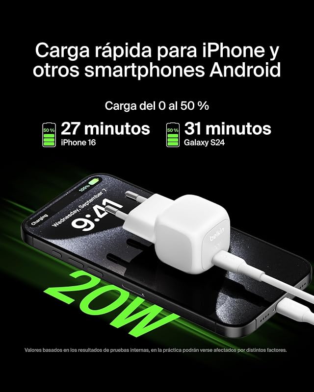 BoostCharge 20W USB-C Carregador de Parede Compacto, Carregamento Rápido de Entrega de Energia USB-C, com Cabo Tipo C 1M, para iPhone 17, iPhone Air, Samsung Galaxy S25, iPad, AirPods e outros - Branco
