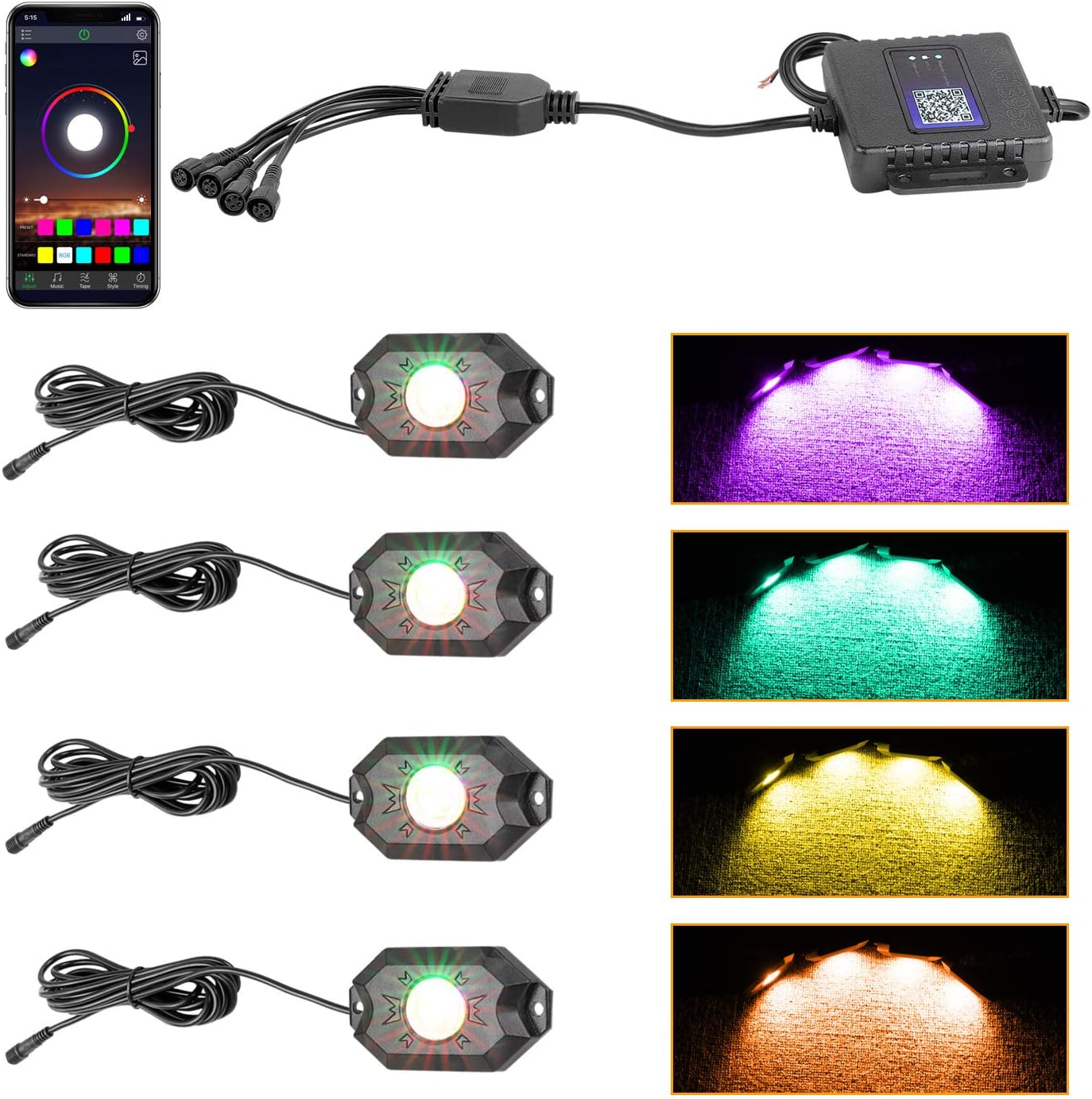 RGB LED Rock Lights, Nirider Underglow LED Light Kit Neon Lights Waterproof Bluetooth Lights RGB Rock Lights for Truck Jeep Car Off Road ATV UTV Motorcycle Boat - 4 Pack