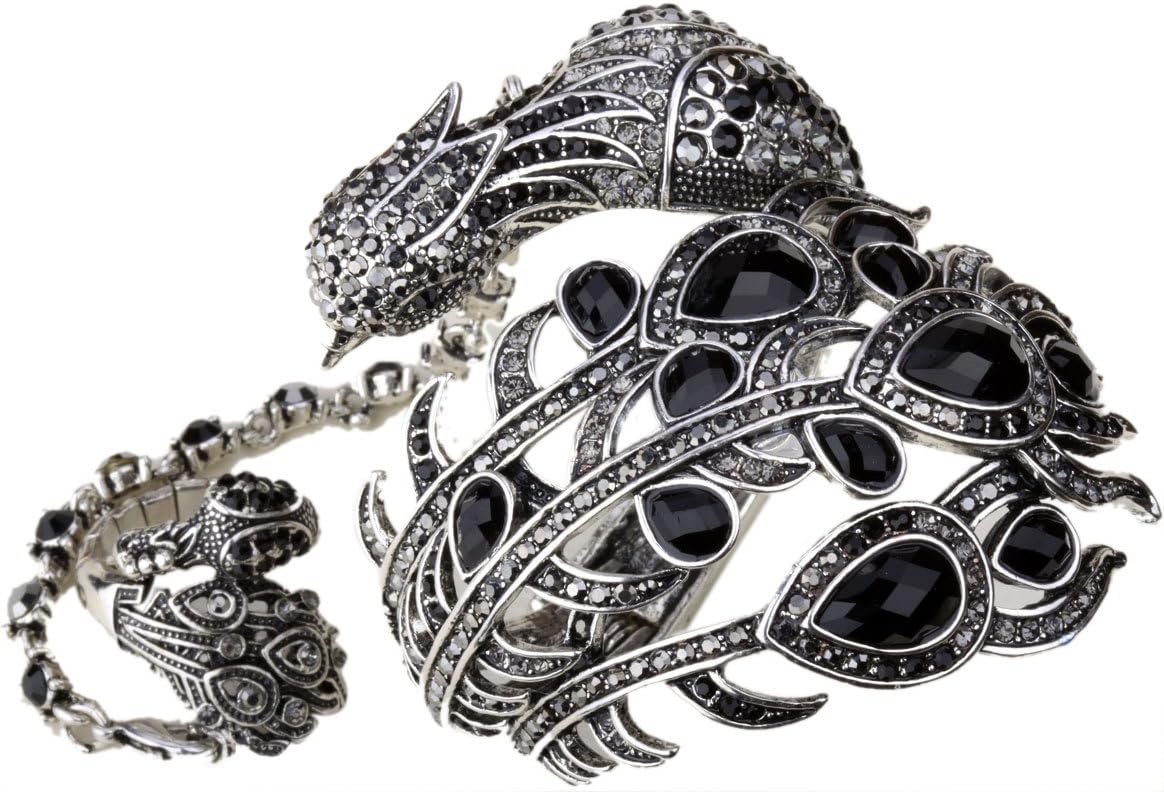 YACQ Women's Hinged Big Peacock Bracelet Slave Stretch Ring Set - Fit Wrist Size 6-1/2 to 7-1/2 Inch & Finger 7 to 9 - Lead Nickle Free - Halloween Costome Outfit