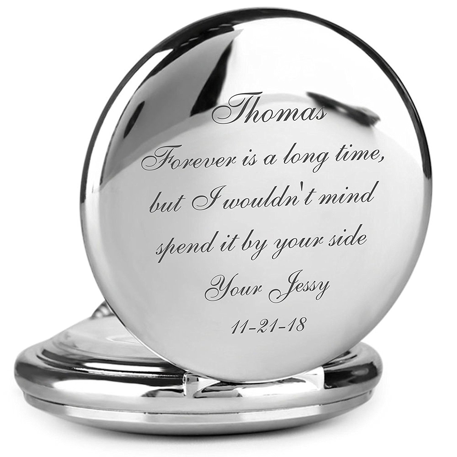 Personalized Silver Pocket Watch with Glass Cover Custom Engraved Free - Stainless Steel Timepiece with Gift Box, Free Engraving - Ships from USA