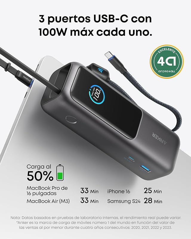 Zolo Power Bank 25.000mAh 165W con Tres Puertos USB C