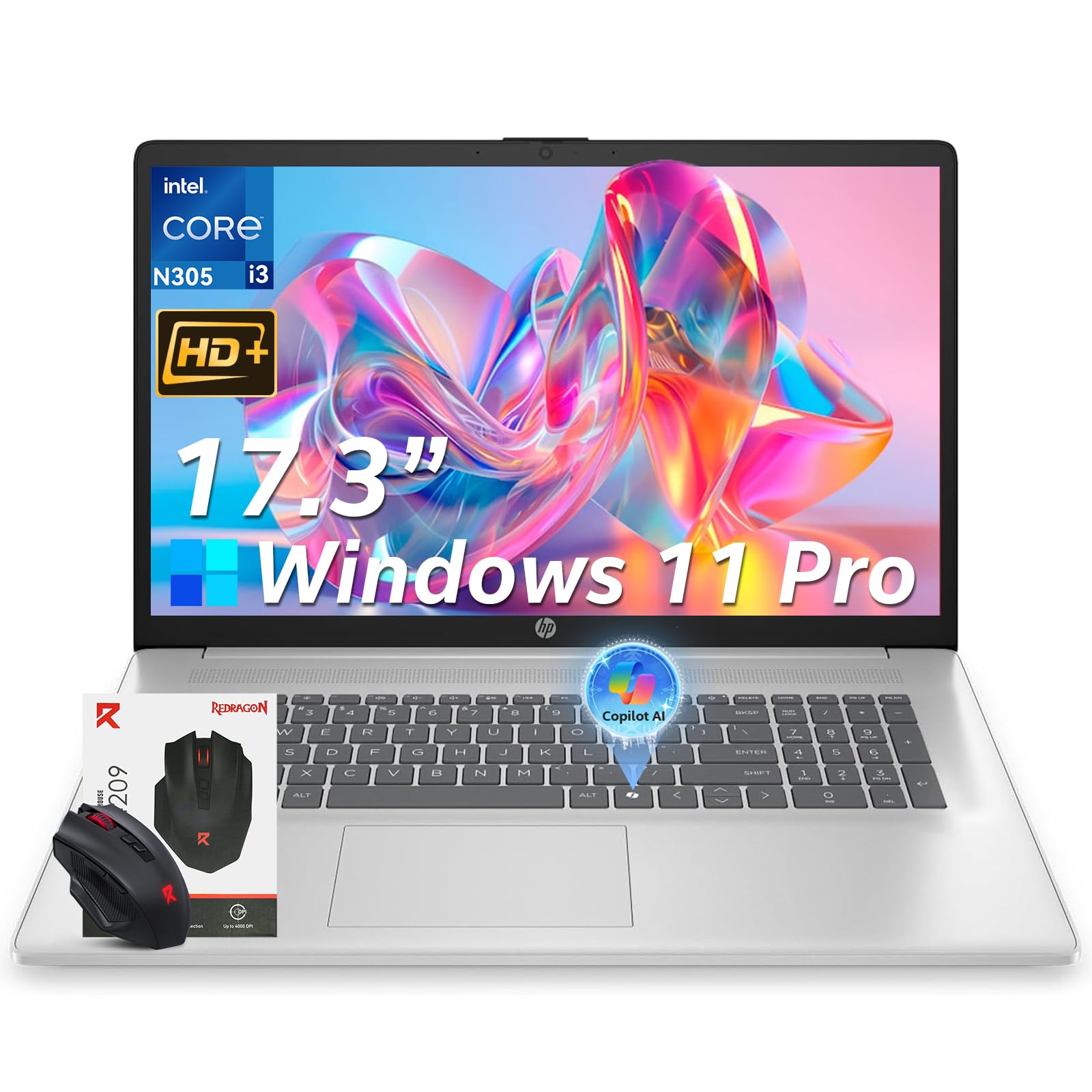 HP 2026 17 inch laptops, 16GB RAM 512GB SSD Windows 11 Pro, Intel Core i3-N305, 17.3" HD+, Up to 9.5 Hours Battery Life–Business Laptop for Work & Students, AI Copilot, Type-c, Patented KB Kit
