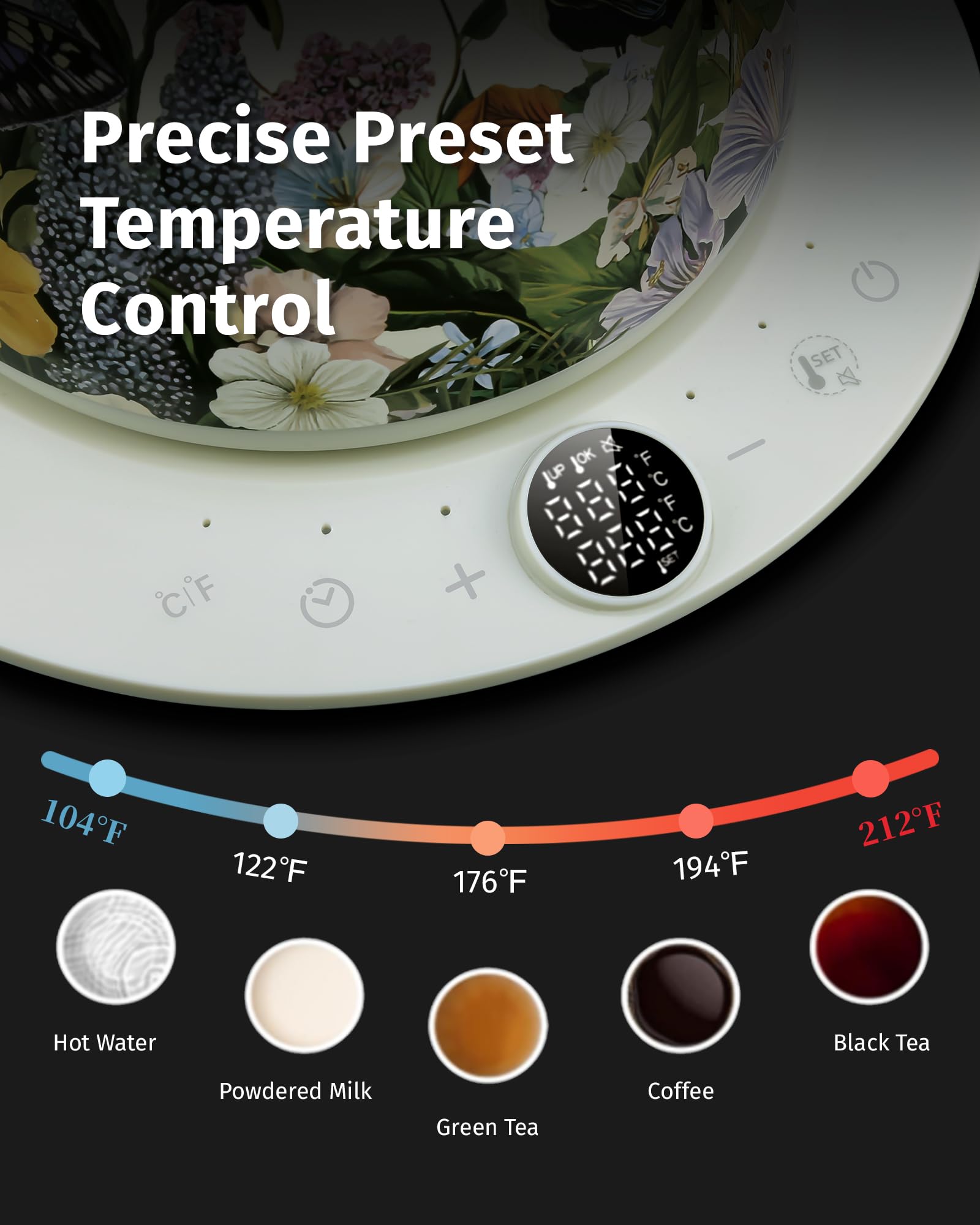 INFOOD Hervidor eléctrico de cuello de cisne de 0,8 L, control preciso de temperatura para verter café y té, agua de ebullición rápida de 1200 W, apagado automático, programación, acero inoxidable, diseño pintado floral