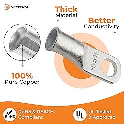 SELTERM Heavy Duty Tinned Copper Lugs, 6 Awg, 1/4