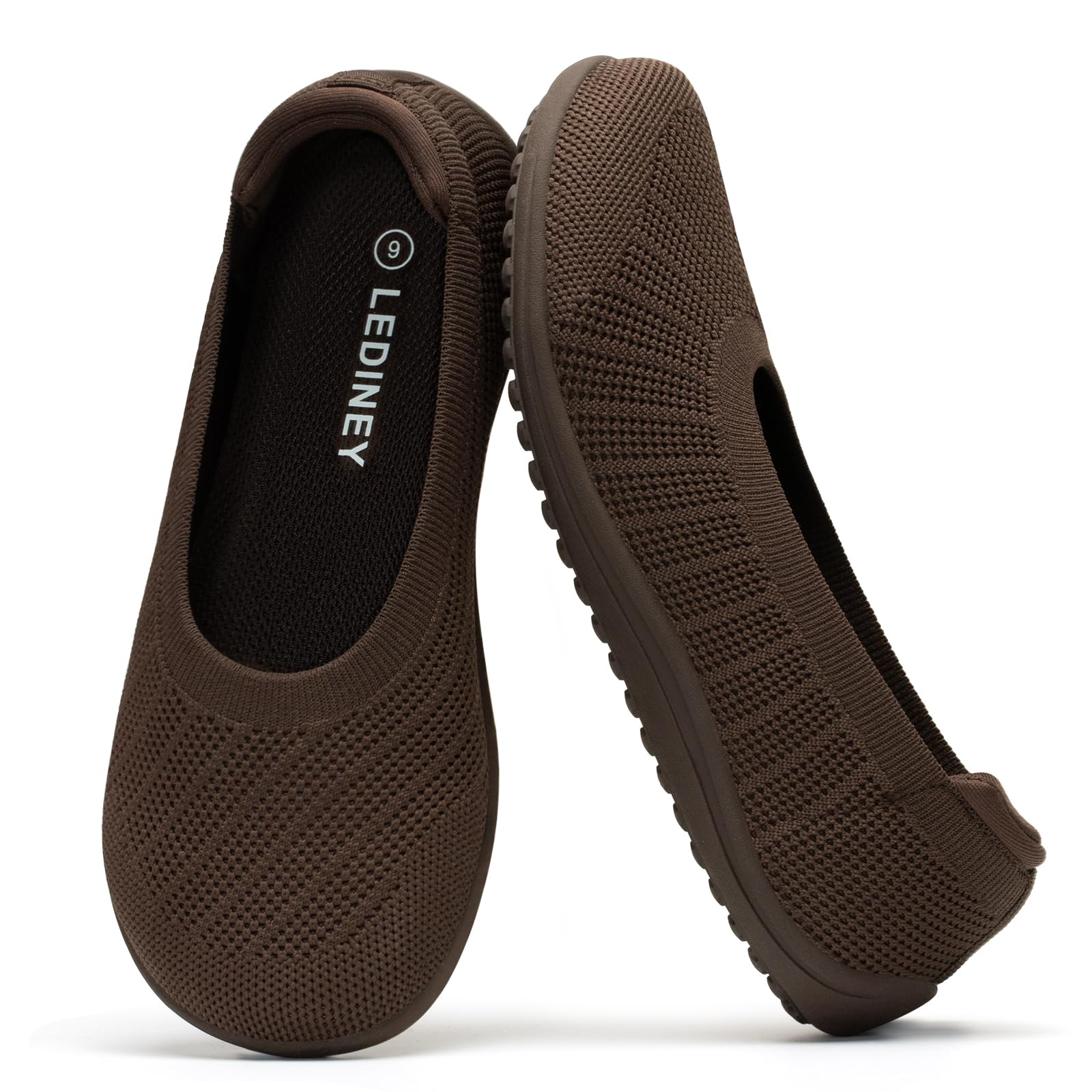 Photo 1 of ***RIGHT SHOE SOLE IS EXTREMELY DIRTY*** LEDINEY Wide Ballet Flats Shoes for Women, Width Foldable Round Toe Knit Women's Flats with Arch Support, Comfortable Shoes for Women Dressy Casual Work Office Zapatos para Mujer Brown