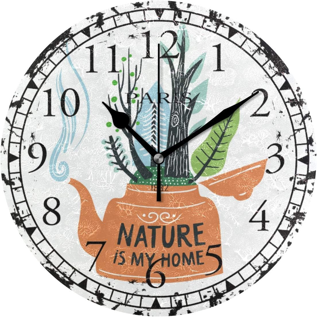HULKBIDBN 1882 Handdrawn Red Teapot Forest Arabic Numerals Wall Clock Decorative Living Room Bedroon Kitchen Battery Operated Round Clock Unique