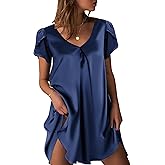 Ekouaer Women's Satin Nightgown Short Sleeve Sleepdress V-Neck Sleepwear Loose Silk Sleepshirt