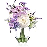 WELL KNOWN Fake Flowers in Vase Artificial Flowers with Fake Water, Real Touch Faux Silk Rose & Blooming Tulips Spring Flower with Lavender Arrangements for Table Decor (White Purple)