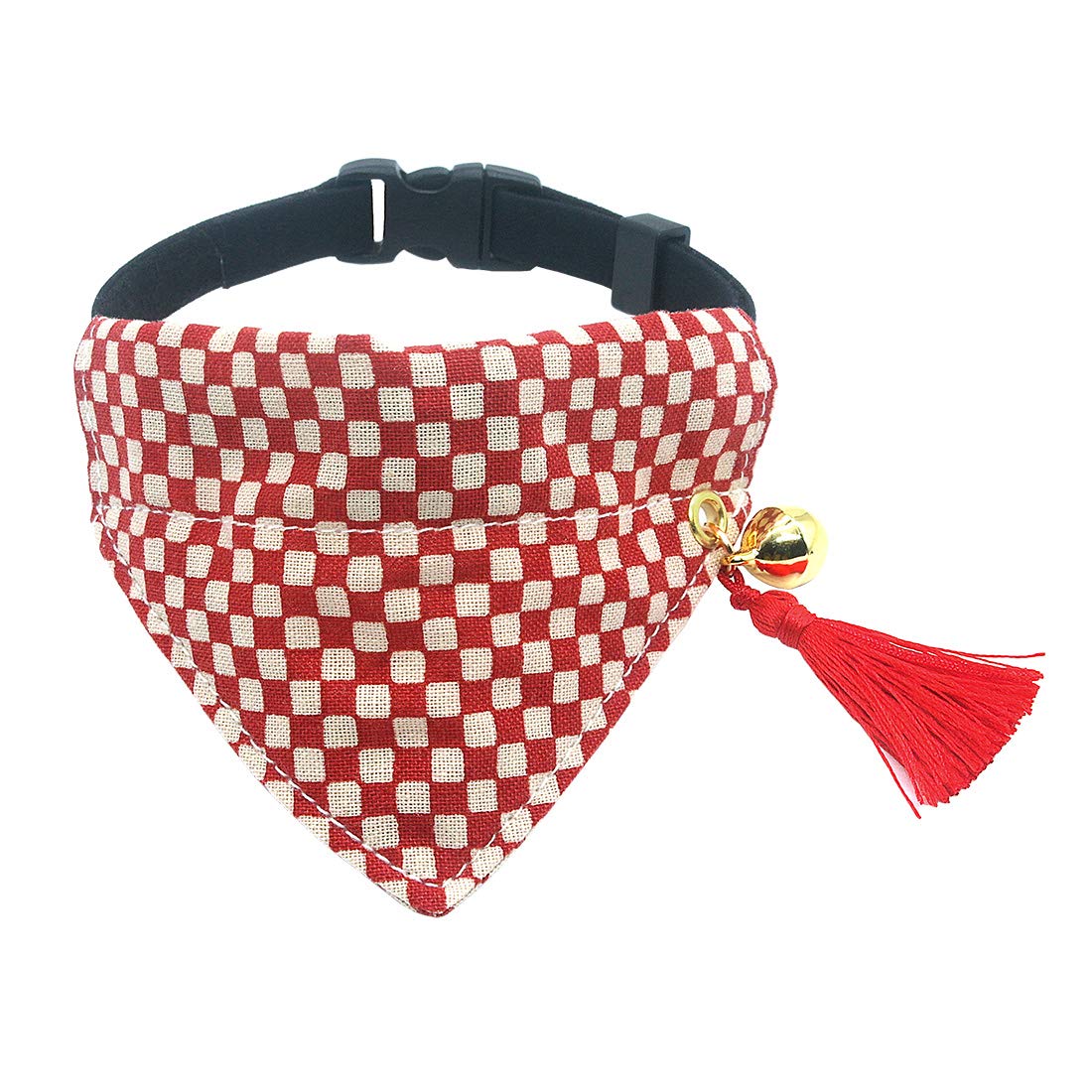 PetSoKoo Japan Tassel Bandana Cat Collar with Bell.Stylish Plaid Pattern.100% Cotton.Safety Breakaway Buckle.Adjustable