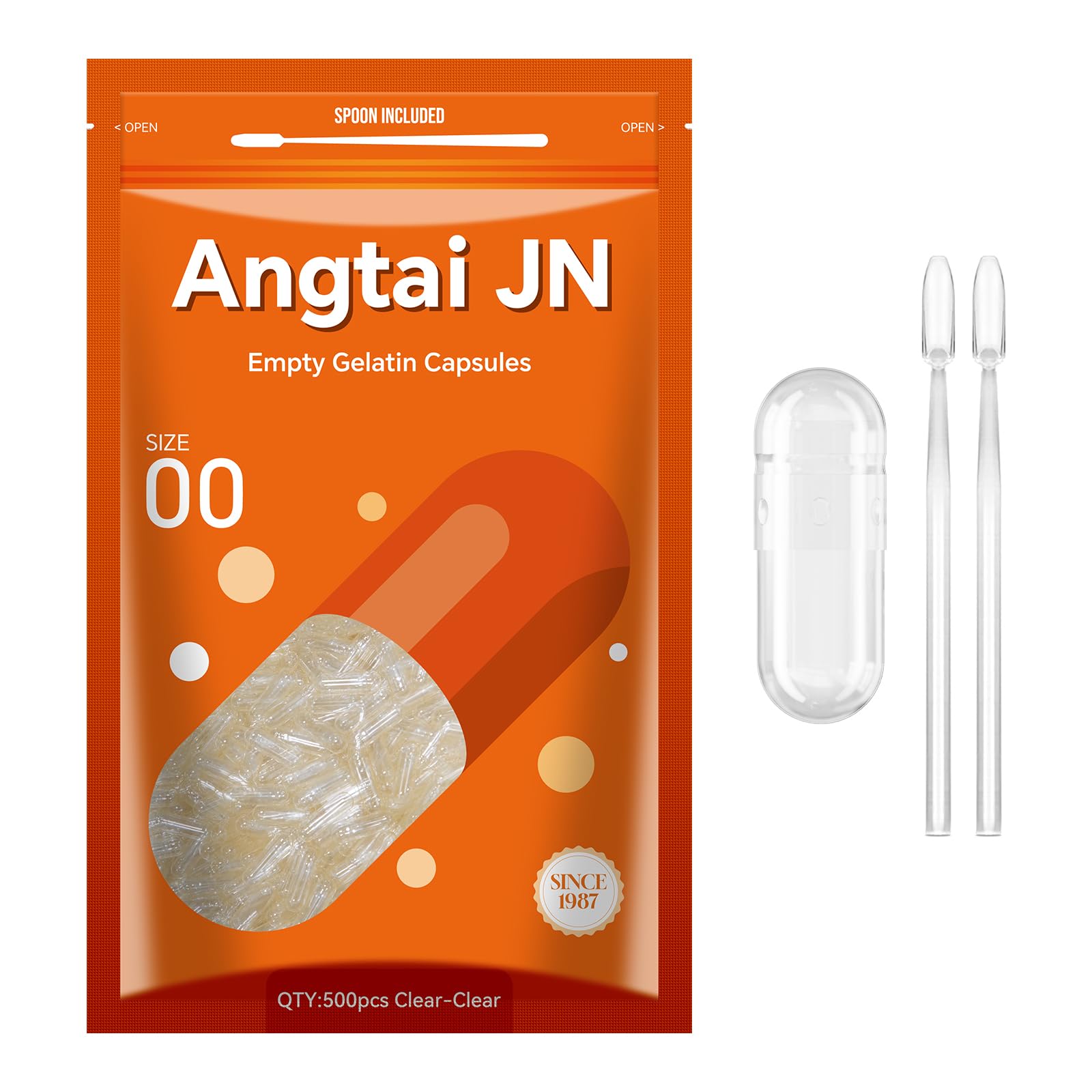 Angtai JN Empty Capsules Size 00 - Clear Gelatin Capsules Empty (500 Count) with Two Miro Lab Spoons - Gel Capsules Empty - DIY Pure Bovine Capsule Filling - Kosher, Gluten Free - Non-GMO Certified