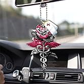 Talataca Pink Rose Flower Nurse Angel Wings Caduceus Rn CNA Gift 2D Flat Car Rear View Mirror Accessories Christmas Tree Ornament Decoration Hanging Charm Interior Rearview Pendant Decor Gift