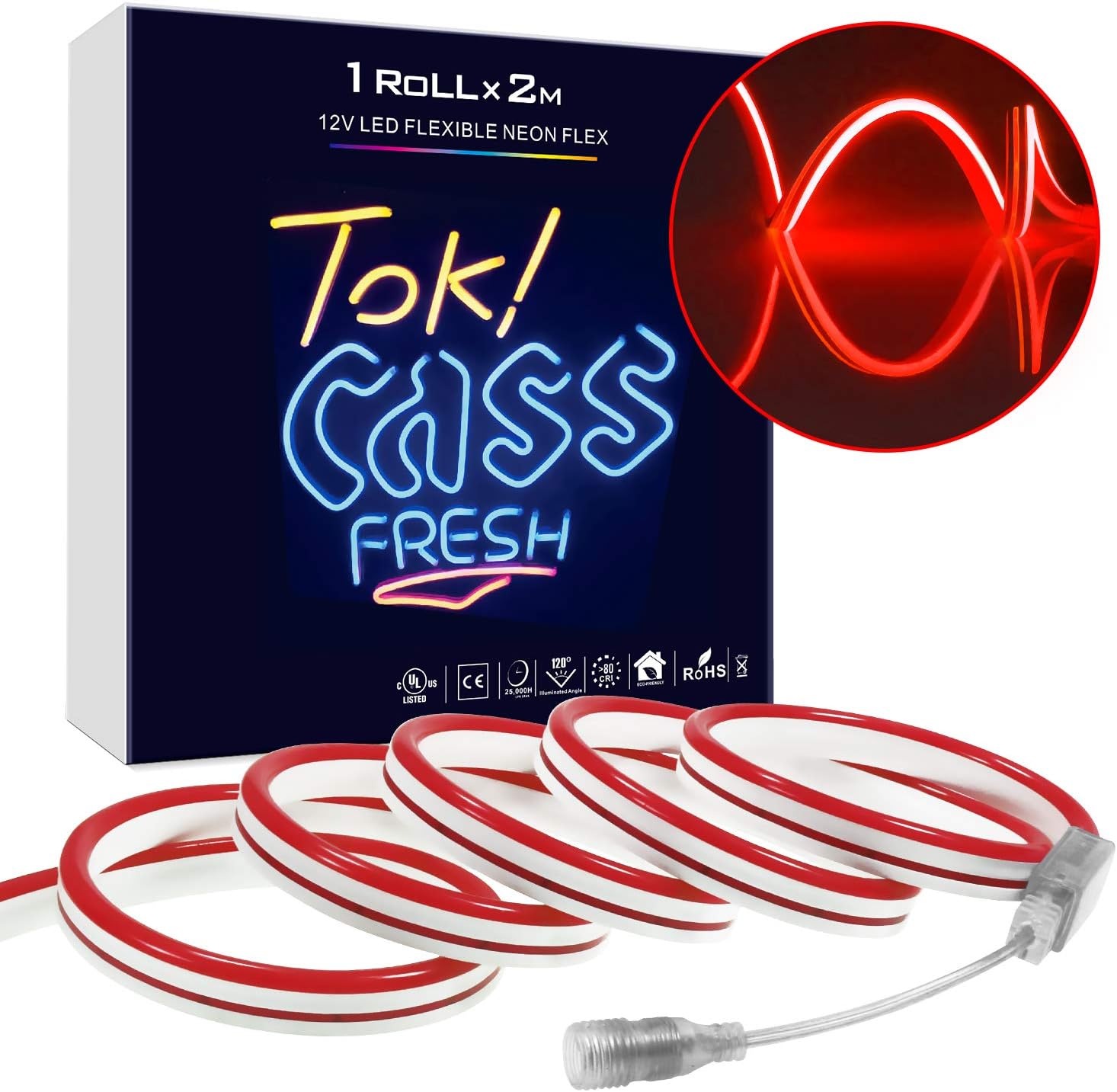 Neon Light. DC 12V Flexible RGB LED Neon Light Strip with 120 LEDs, Waterproof, Multi Color Select for Home DIY Holiday Festival Decoration (Power Adaptor not Included)(6.6ft/2M) (Red)