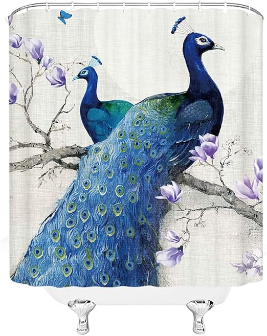 Amazon Com Amhnf Peacock Shower Curtain Elegant Noble Animai Wild Peacock On The Branch Magnolia Flower Vintage Home Bathroom Decor Fabric Shower Curtain 70x70inch With Hooks Blue Purple Home Kitchen