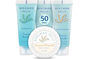 BERGMAN KELLY Round Hotel Soap Bars, Shampoo & Conditioner 3-Piece Set (1 oz each, 150 pc total, Tropical Waterfall), Delight Your Guests with Refreshing Bulk Travel Size Hotel