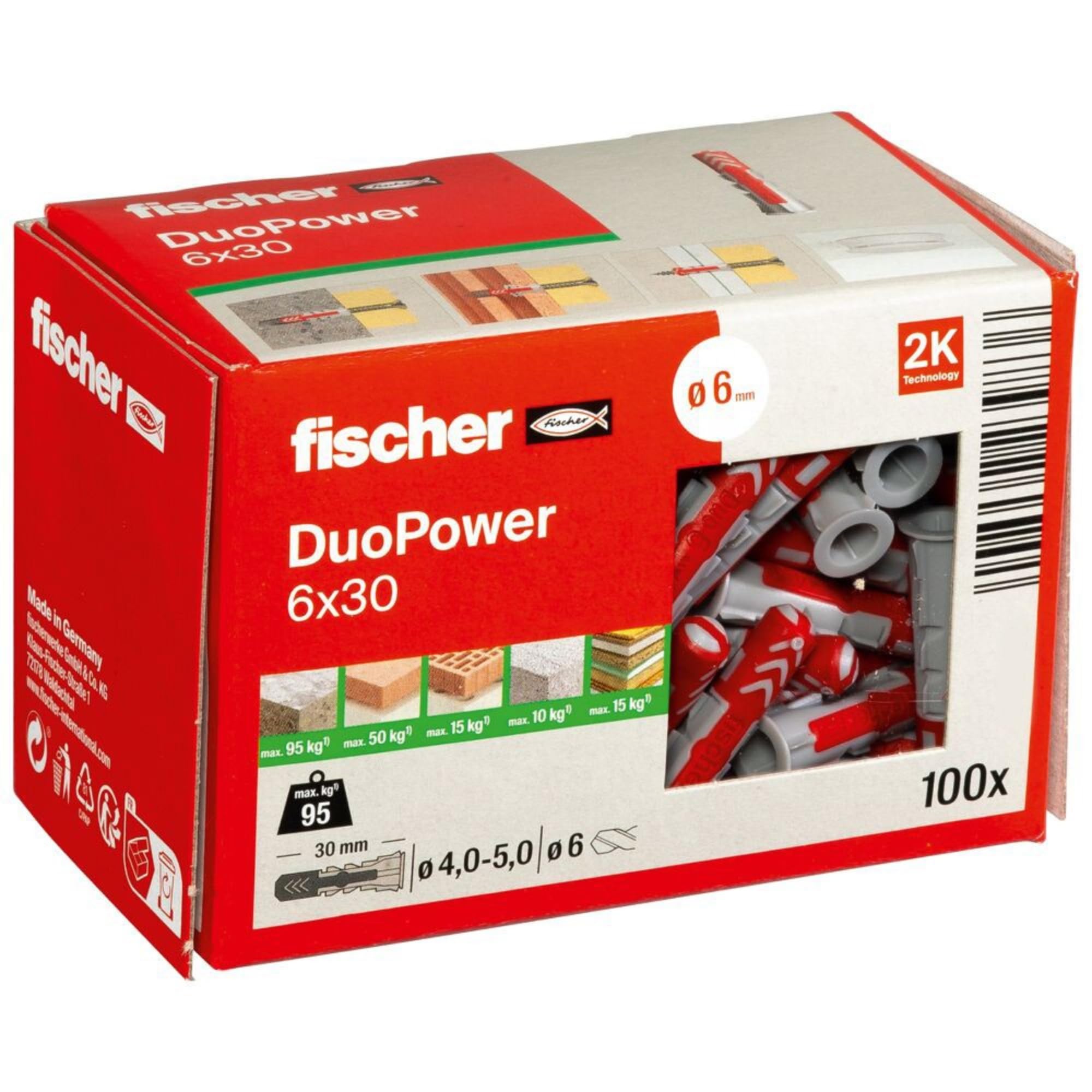 fischer 555006 DUOPOWER Wall Plug, Red/Grey, 6x30, Set of 100 Pieces