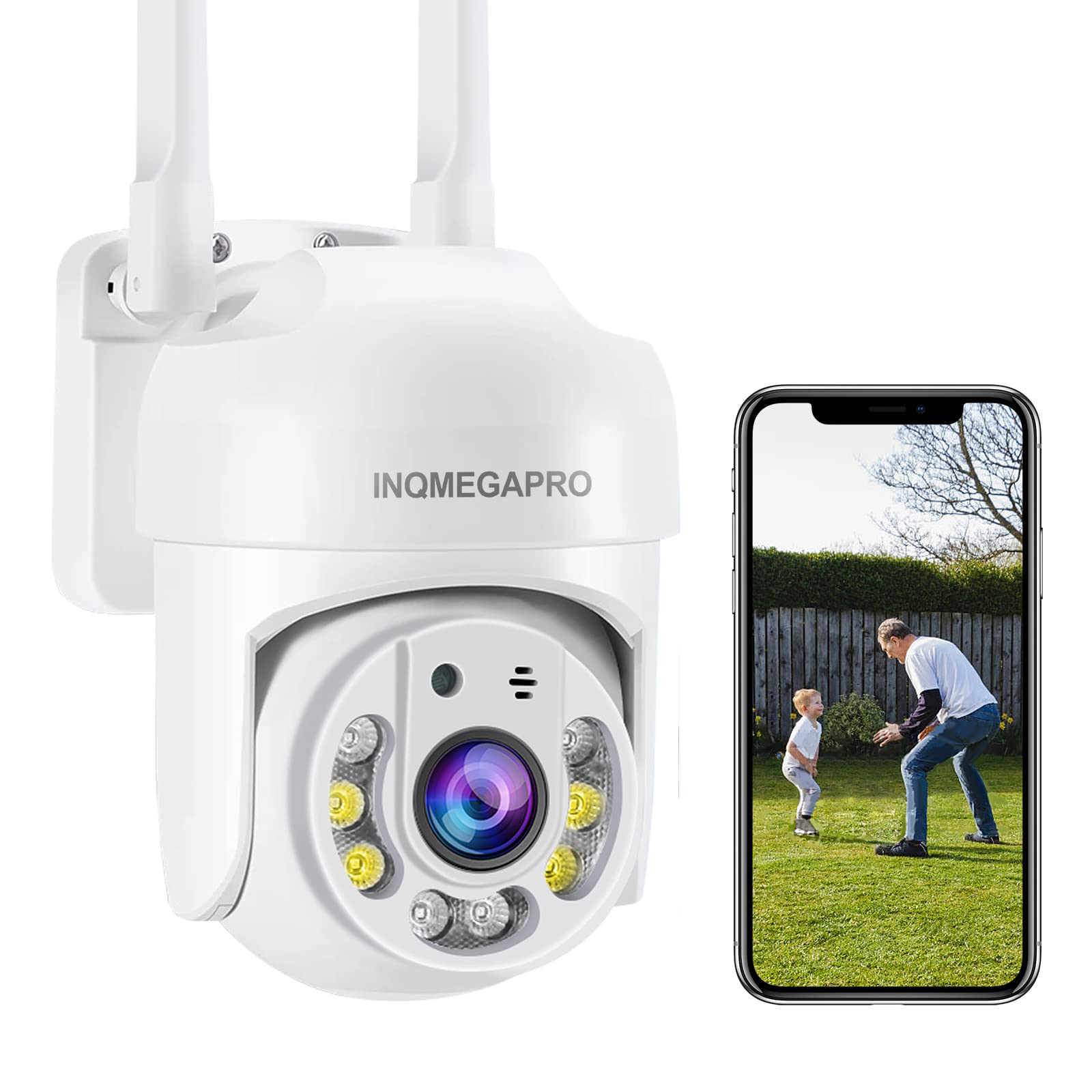 INQMEGAPRO Mini PTZ 360° Wireless Outdoor WiFi Surveillance Camera, 1080P Camera, Colour Night Vision, Motion Detection, Two-Way Audio, Micro SD Card or Cloud Storage