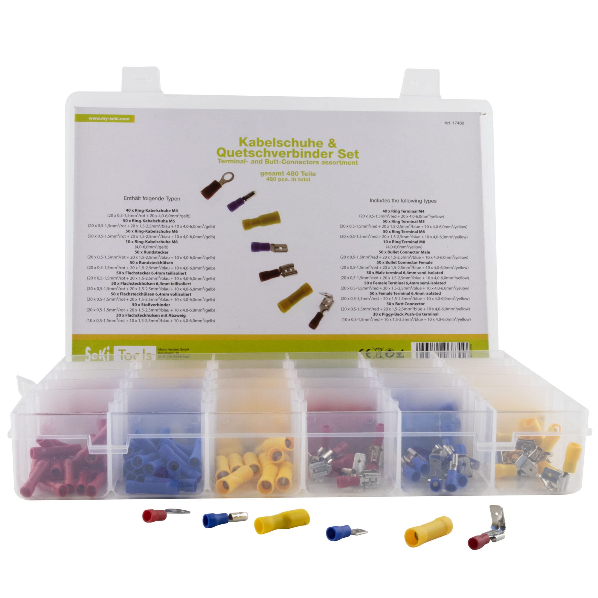 SeKi 17400 iso Assortment 480 Pieces 30 Types Crimp Connectors, Connectors, Spade Connectors, Ring Terminals, Round Connectors, Butt Connectors and Ring Terminals, Mixed