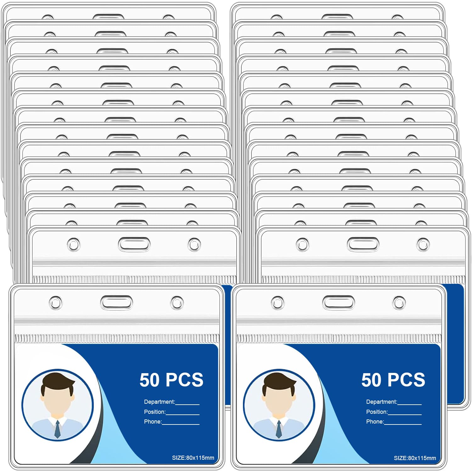 50pcs Plastic Card Holder for Lanyard, Horizontal Clear ID Card Holders, Waterproof Name Tag ID Badge Holders for Multiple Cards — image 1