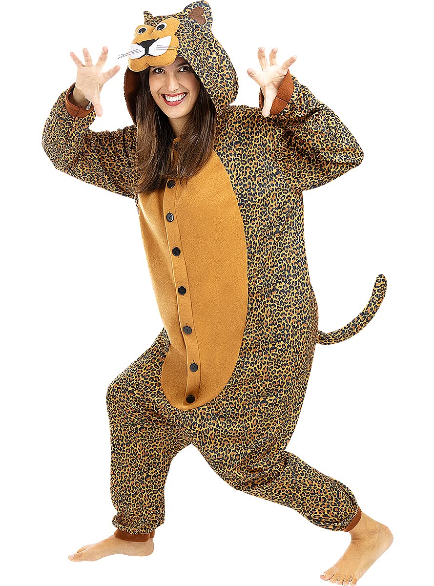 Funidelia | Onesie Leopard Costume for men and women Animals, Desert, Jungle - Costumes for adults, accessory fancy dress & props for Halloween, carnival & parties - Size S-M - Brown