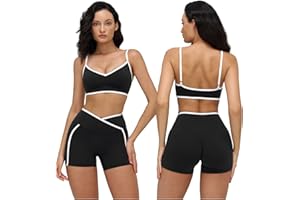 QBGJTD Women Two Piece Workout Sets Color Block Sports Bra and High Waist Shorts Gym Yoga Athletic Outfits