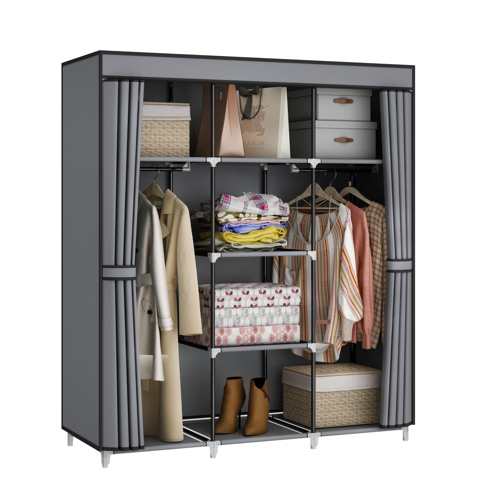 MOGELAFOO Portable Closet Wardrobe, 51-Inch Clothes Organizer with 2 Hanging Rods and 8 Shelves, Non-Woven Fabric Cover, Medium Capacity Storage for Bedroom and Living Room, Grey