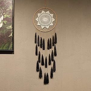 Macrame Dream Catchers for Bedroom - Tassel Wall Hanging Handmade Dreamcatchers Home Decor with Tassel Feather Ornament Craft Blessing Gift (Black)