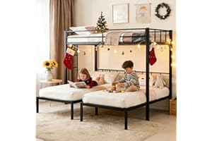 Mixcous Heavy Duty Triple Bunk Bed, Twin Over Twin Over Twin with Guardrails and Ladder, Metal Bunk Bed for 3, 3 Bed Teens and Adults, No Box Spring Needed, Black