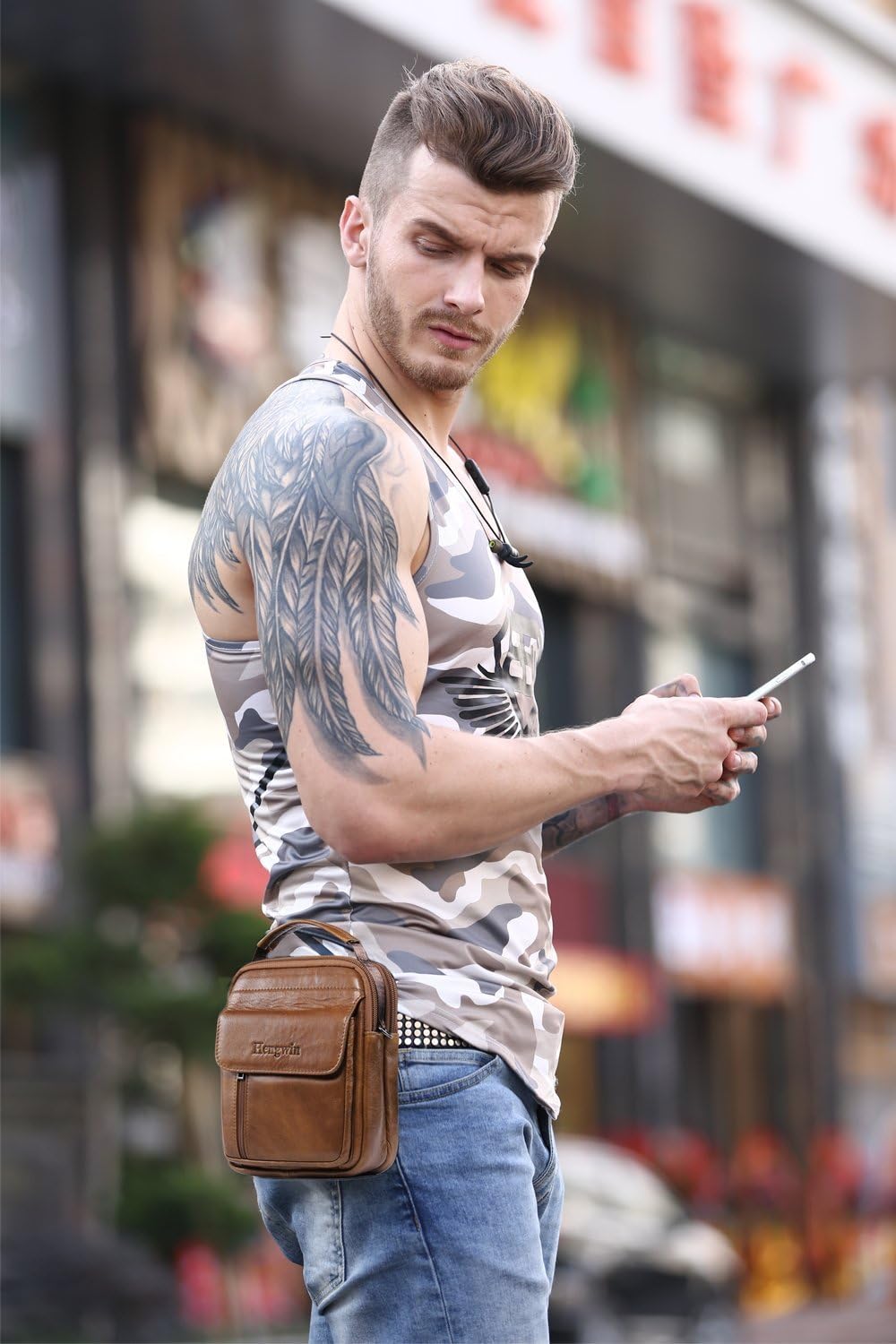 Hengwin Men's Leather Phone Holster Pouch Shoulder Bags Small Waist Pack Crossbody Business Bag Fanny Pack Travel Organizer Bag Brown - Image 3