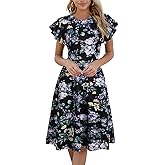 HELYO Women's Semi-Formal Ruffle Sleeves V-Back Work Fit and Flare Cocktail Knee Length Dress with Pockets 842