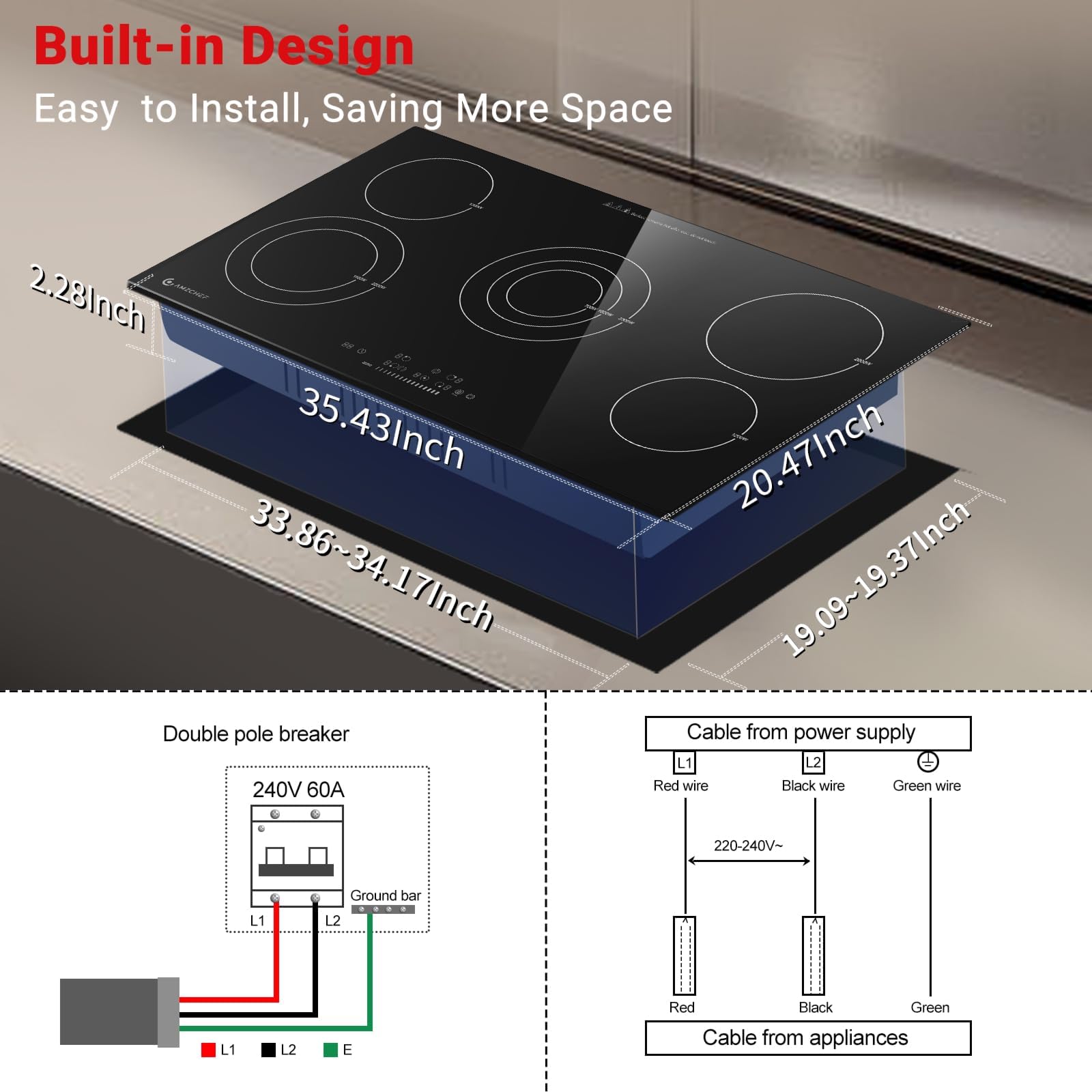 AMZCHEF 36 Inch Electric Cooktop 5 Burners, Upgraded 8900W Touch Control Built-in Ceramic Cooktop,9 Heating Level,Hot Surface Indicator,Chlid Lock,Timer, 220V~240V,Hard Wire(No Plug)