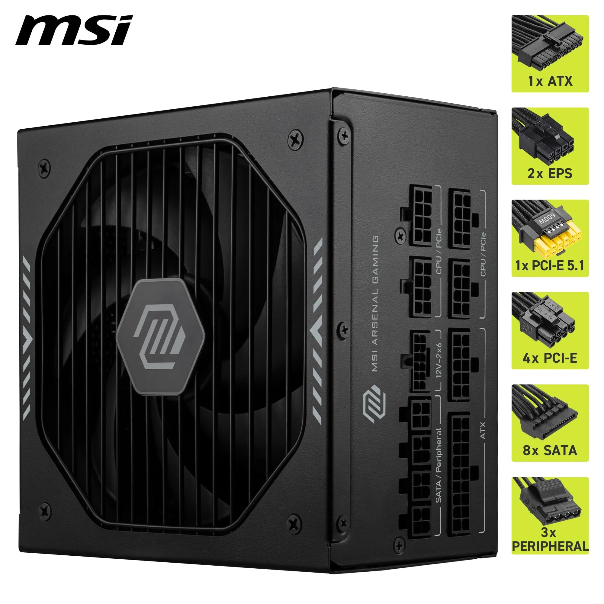 MSI MAG A850GLS PCIE5 Netzteil, 850W, 80 Plus Gold, ATX 3.1, PCIe 5.1 GPU Support, Native 12V-2x6, Zweifarbiger 12V-2x6 Anschluss, ATX PSU, Modulare Kabel 5