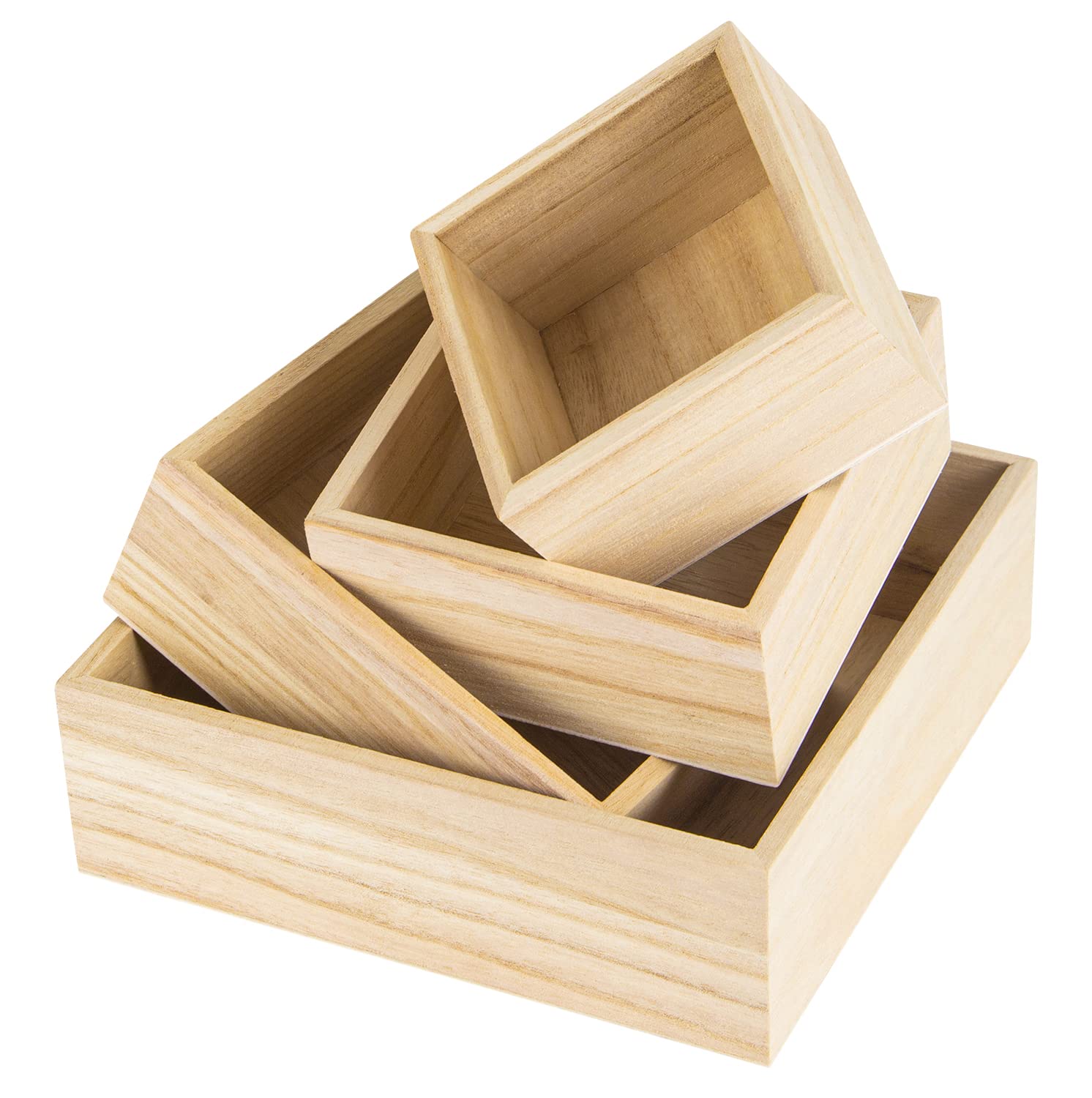 4 PACK Small Wooden Storage Box No Lid, Unfinished Wood Box for Craft Painted, Small Square Wooden Container Box Set for Organizer Centerpiece Collectibles Succulents - 10cm/12.5cm/15cm/20cm