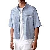 GORGLITTER Men's Striped Button Down Up Cropped T Shirt Short Sleeve Letter Summer Vacation Shirts Boxy Tees Streetwear